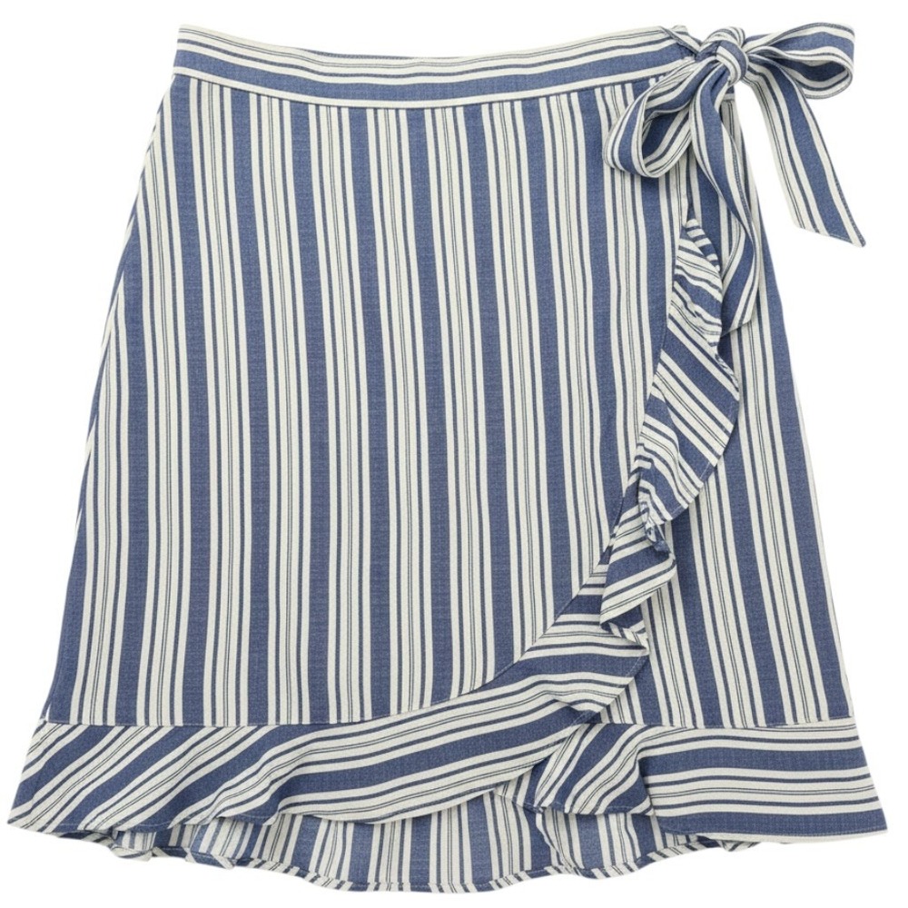 LOFT Faux Wrap Ruffle Skirt Women 10 Blue Linen Blend Striped Side Tie Coastal